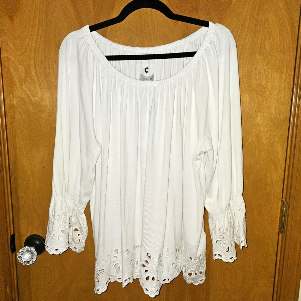 CUPIO White 3/4 Sleeve Eyelet Peasant Top XL